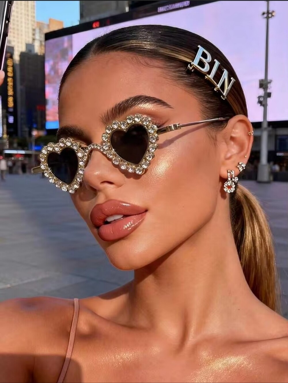 Heart Crystal Gold Frame Sunglasses - Black Lenses